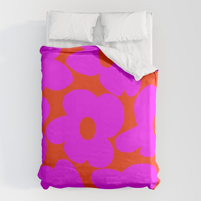 Pink Retro Flowers Orange Red Background #decor #society6 #buyart Duvet Cover Gallery Image 6