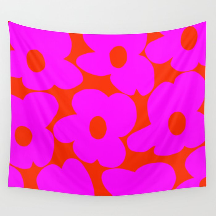 Pink Retro Flowers Orange Red Background #decor #society6 #buyart Wall Tapestry Gallery Image 1