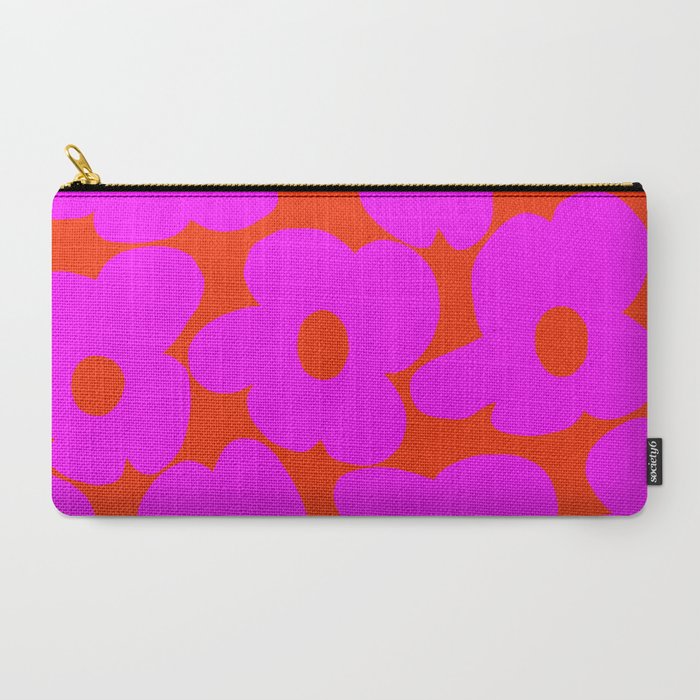Pink Retro Flowers Orange Red Background #decor #society6 #buyart Carry All Pouch Gallery Image 2