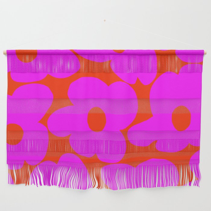 Pink Retro Flowers Orange Red Background #decor #society6 #buyart Wall Hanging Gallery Image 1