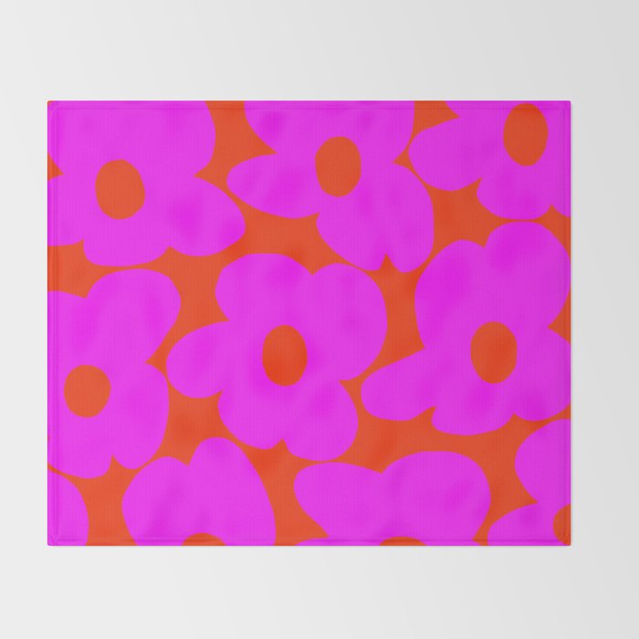 Pink Retro Flowers Orange Red Background #decor #society6 #buyart Throw Blanket Gallery Image 2