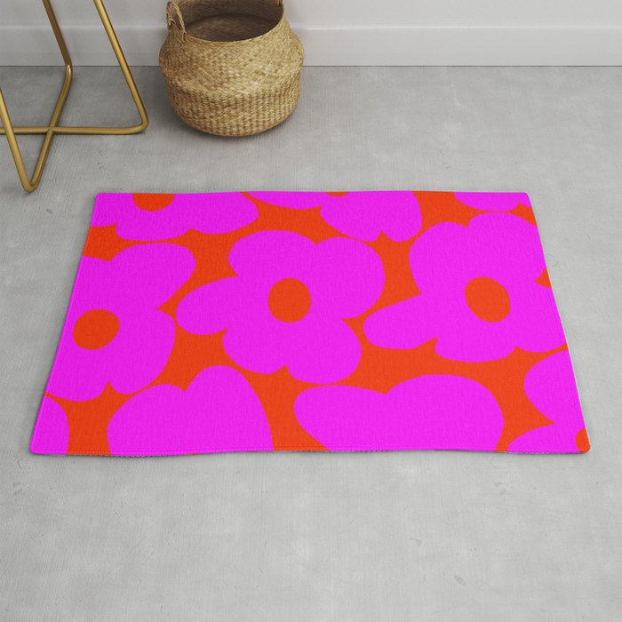 Pink Retro Flowers Orange Red Background #decor #society6 #buyart Rug Gallery Image 1