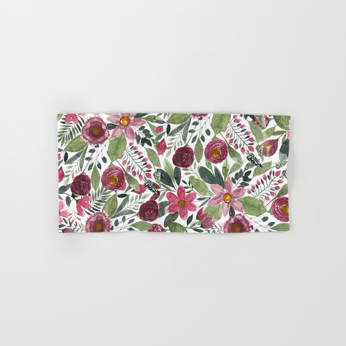 Mauve Pink Forest Green Watercolor Flowers Leaves Bath Towel Gallery Image 1