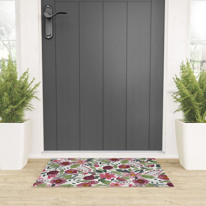 Mauve Pink Forest Green Watercolor Flowers Leaves Welcome Mat Gallery Image 3