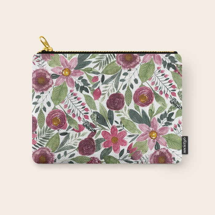 Mauve Pink Forest Green Watercolor Flowers Leaves Carry All Pouch Gallery Image 1