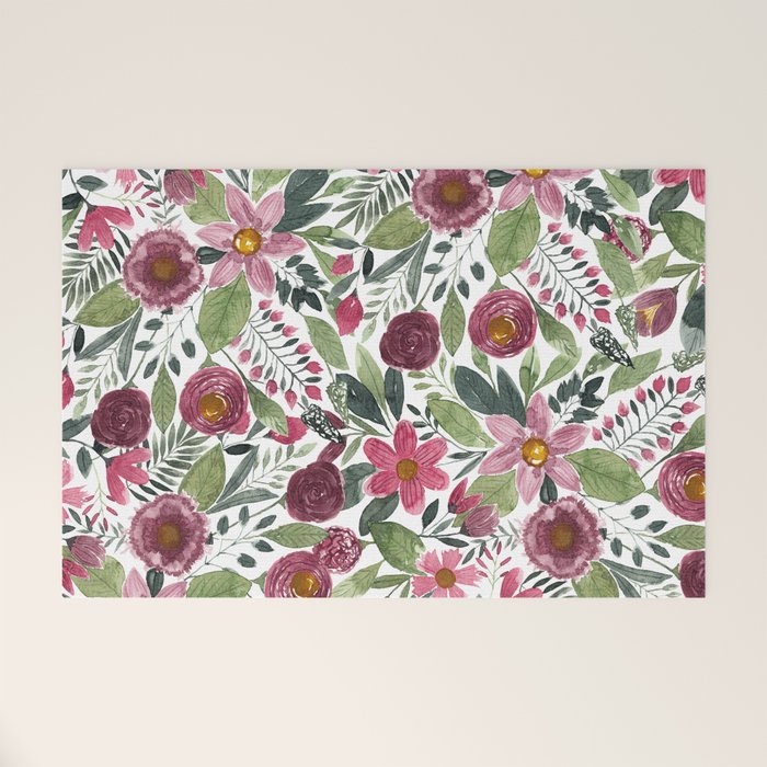 Mauve Pink Forest Green Watercolor Flowers Leaves Welcome Mat Gallery Image 1