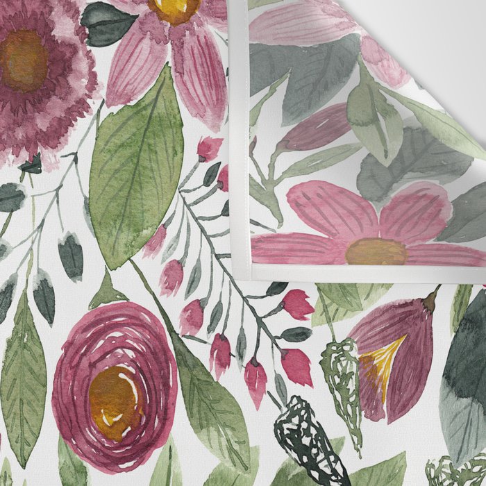 Mauve Pink Forest Green Watercolor Flowers Leaves Wall Tapestry Gallery Image 3