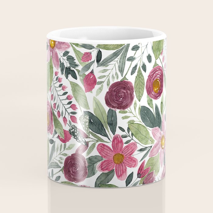 Mauve Pink Forest Green Watercolor Flowers Leaves Coffee Mug Gallery Image 4