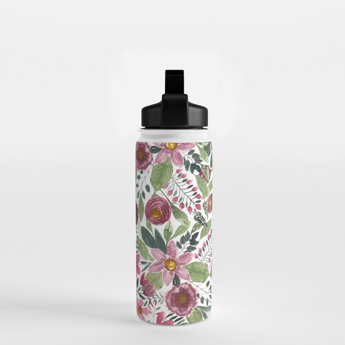 Mauve Pink Forest Green Watercolor Flowers Leaves Water Bottle Gallery Image 2