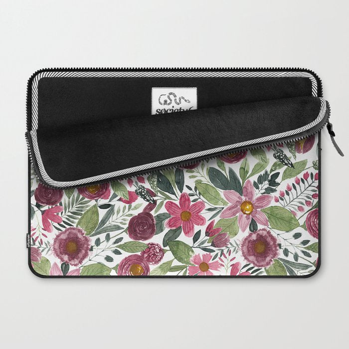 Mauve Pink Forest Green Watercolor Flowers Leaves Laptop Sleeve Gallery Image 2