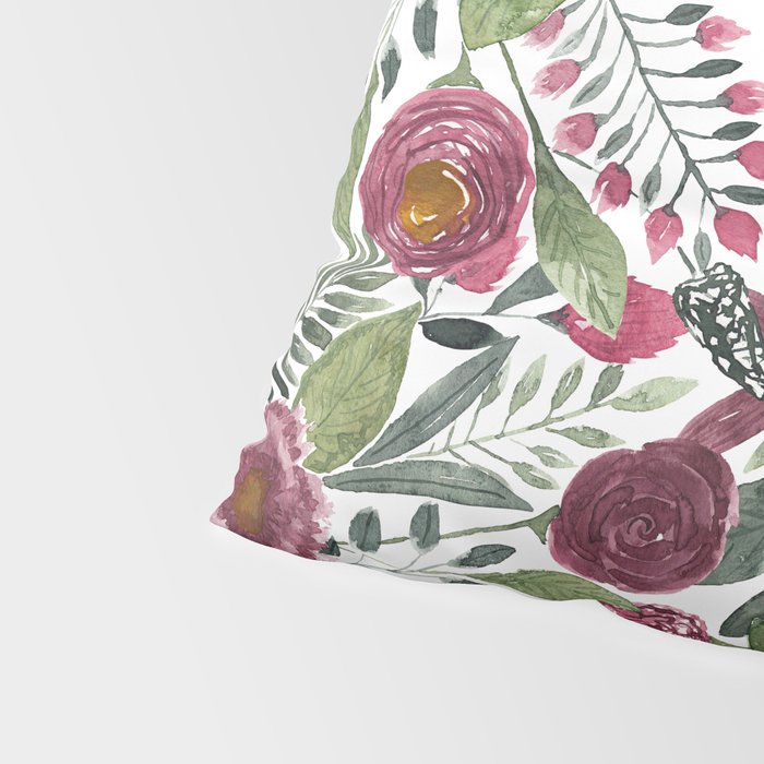 Mauve Pink Forest Green Watercolor Flowers Leaves Pillow Sham Gallery Image 4