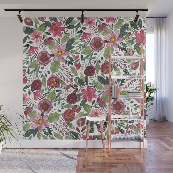 Mauve Pink Forest Green Watercolor Flowers Leaves Wall Mural