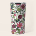 Mauve Pink Forest Green Watercolor Flowers Leaves Travel Mug Gallery Image 1