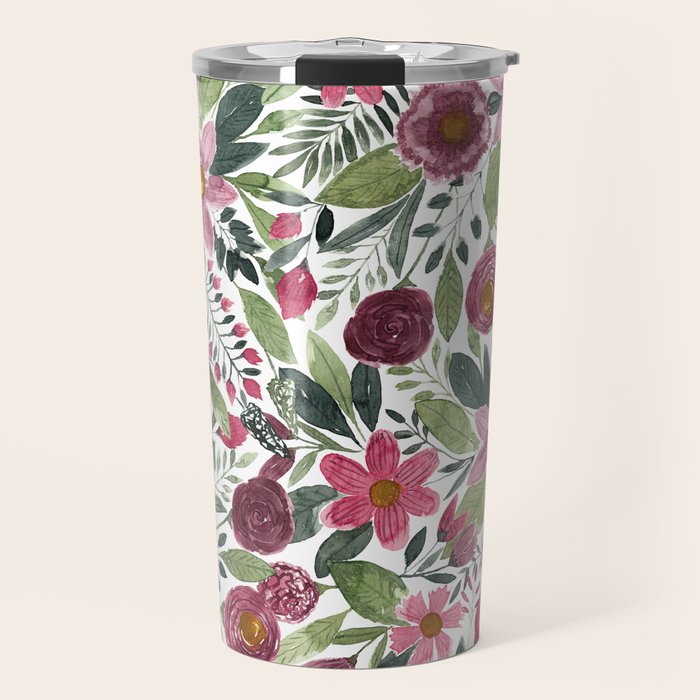 Mauve Pink Forest Green Watercolor Flowers Leaves Travel Mug Gallery Image 1