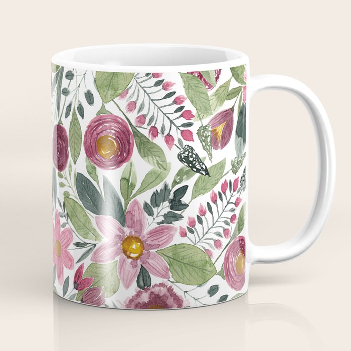 Mauve Pink Forest Green Watercolor Flowers Leaves Coffee Mug Gallery Image 1
