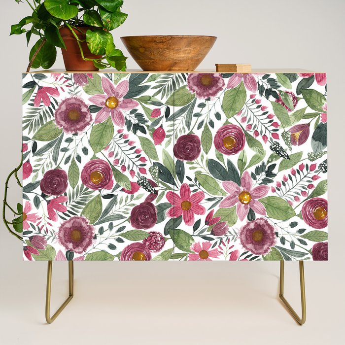 Mauve Pink Forest Green Watercolor Flowers Leaves Credenza Gallery Image 1