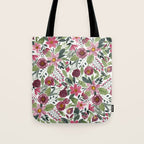 Mauve Pink Forest Green Watercolor Flowers Leaves Tote Bag Gallery Image 1