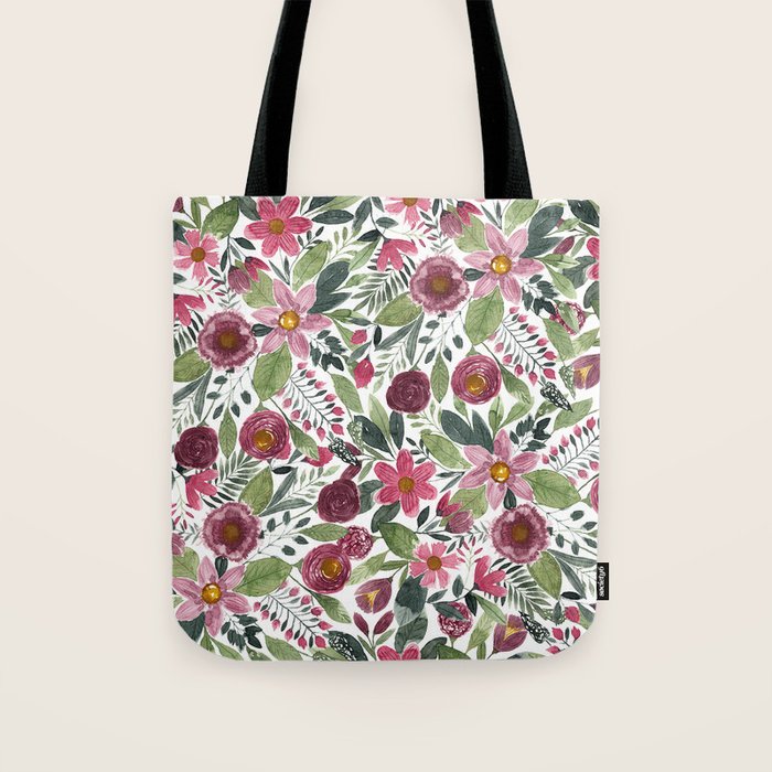 Mauve Pink Forest Green Watercolor Flowers Leaves Tote Bag Gallery Image 1