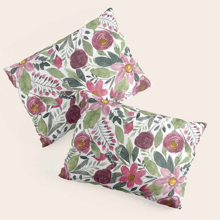 Mauve Pink Forest Green Watercolor Flowers Leaves Pillow Sham Gallery Image 1
