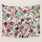 Mauve Pink Forest Green Watercolor Flowers Leaves Wall Tapestry Gallery Image 4
