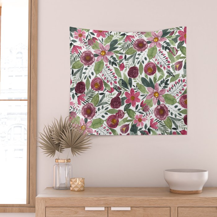 Mauve Pink Forest Green Watercolor Flowers Leaves Wall Tapestry Gallery Image 2