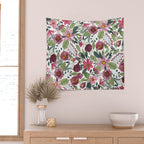 Mauve Pink Forest Green Watercolor Flowers Leaves Wall Tapestry Gallery Image 2