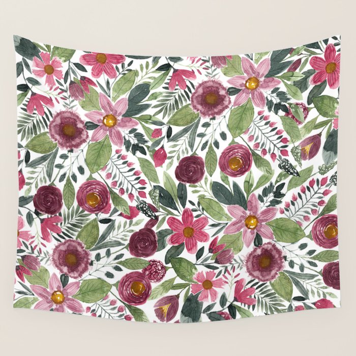 Mauve Pink Forest Green Watercolor Flowers Leaves Wall Tapestry Gallery Image 1