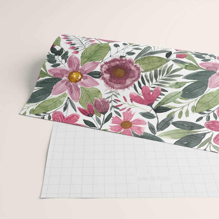Mauve Pink Forest Green Watercolor Flowers Leaves Wrapping Paper Gallery Image 2