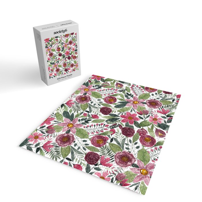 Mauve Pink Forest Green Watercolor Flowers Leaves Jigsaw Puzzle Gallery Image 2