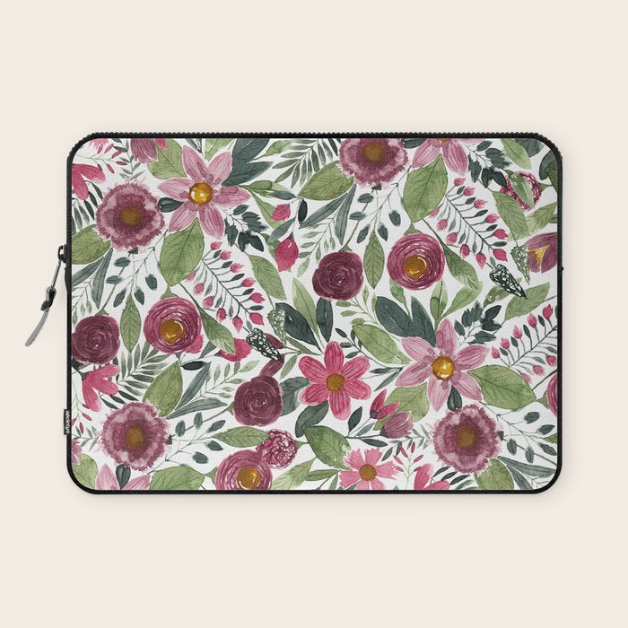 Mauve Pink Forest Green Watercolor Flowers Leaves Laptop Sleeve Gallery Image 1