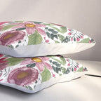 Mauve Pink Forest Green Watercolor Flowers Leaves Pillow Sham Gallery Image 3