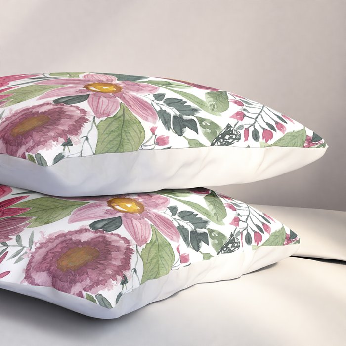 Mauve Pink Forest Green Watercolor Flowers Leaves Pillow Sham Gallery Image 3