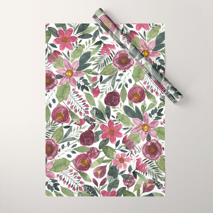 Mauve Pink Forest Green Watercolor Flowers Leaves Wrapping Paper Gallery Image 1