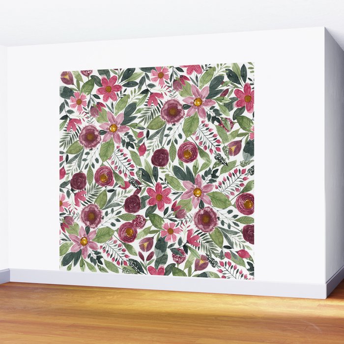 Mauve Pink Forest Green Watercolor Flowers Leaves Wall Mural Gallery Image 2