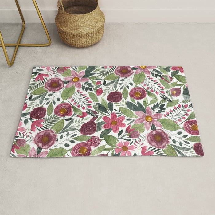 Mauve Pink Forest Green Watercolor Flowers Leaves Rug Gallery Image 1