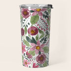 Mauve Pink Forest Green Watercolor Flowers Leaves Travel Mug Gallery Image 2