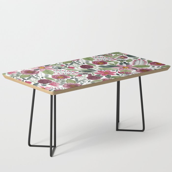 Mauve Pink Forest Green Watercolor Flowers Leaves Coffee Table Gallery Image 1