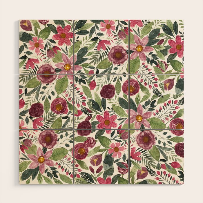 Mauve Pink Forest Green Watercolor Flowers Leaves Wood Wall Art Gallery Image 1