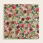 Mauve Pink Forest Green Watercolor Flowers Leaves Wood Wall Art Gallery Image 1