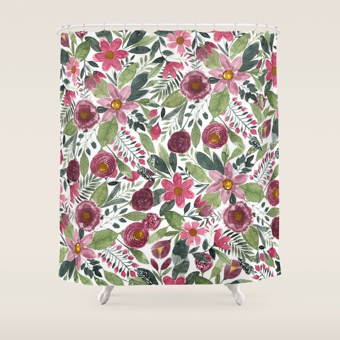 Mauve Pink Forest Green Watercolor Flowers Leaves Shower Curtain Gallery Image 1