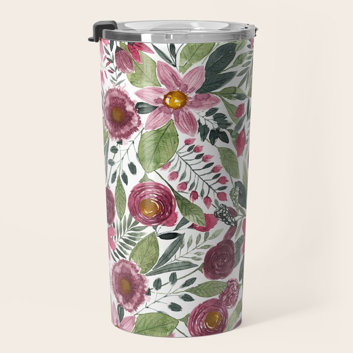 Mauve Pink Forest Green Watercolor Flowers Leaves Travel Mug Gallery Image 3