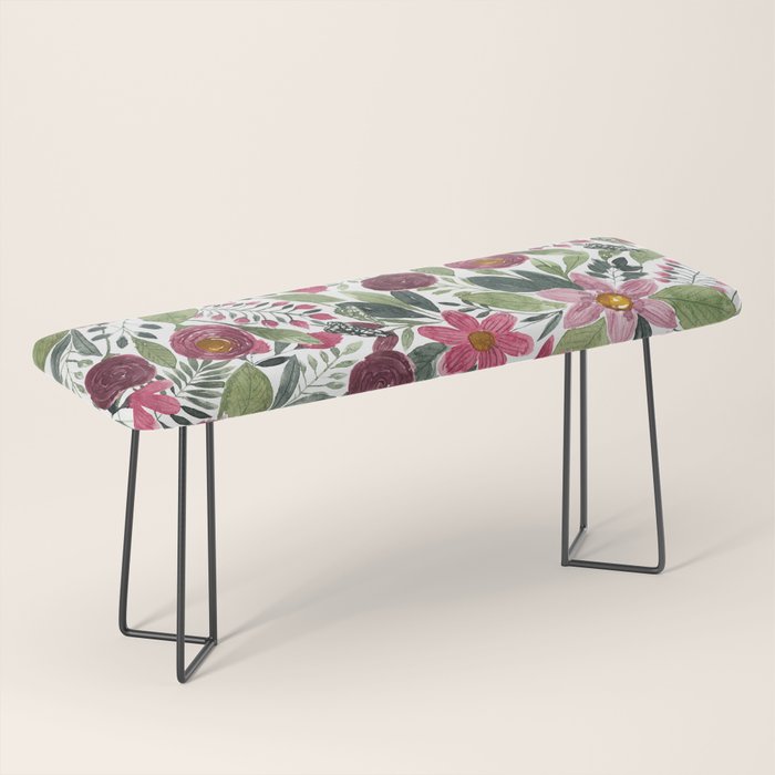 Mauve Pink Forest Green Watercolor Flowers Leaves Bench Gallery Image 1