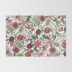 Mauve Pink Forest Green Watercolor Flowers Leaves Rug Gallery Image 2