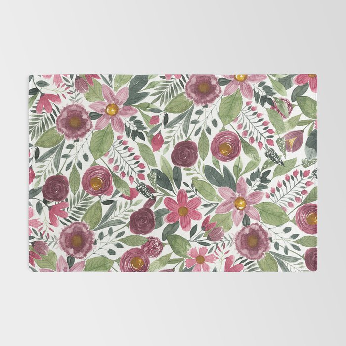 Mauve Pink Forest Green Watercolor Flowers Leaves Rug Gallery Image 2
