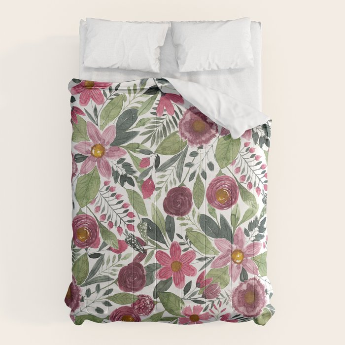 Mauve Pink Forest Green Watercolor Flowers Leaves Comforter Gallery Image 1
