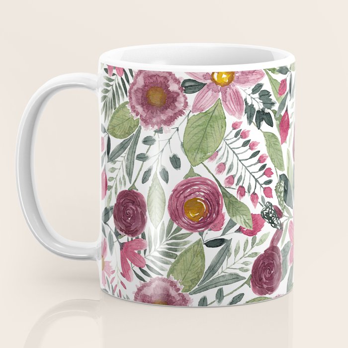 Mauve Pink Forest Green Watercolor Flowers Leaves Coffee Mug Gallery Image 3