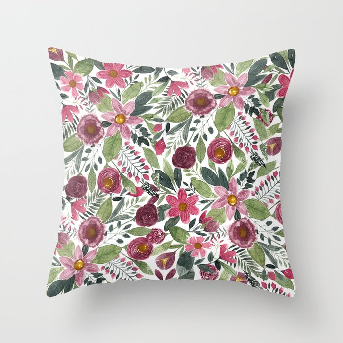 Mauve Pink Forest Green Watercolor Flowers Leaves Throw Pillow Gallery Image 1