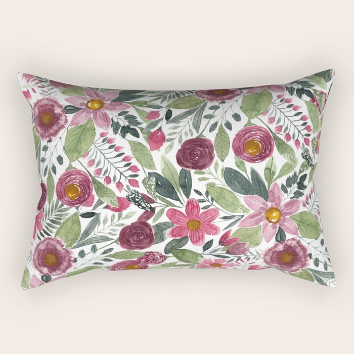 Mauve Pink Forest Green Watercolor Flowers Leaves Rectangular Pillow Gallery Image 1