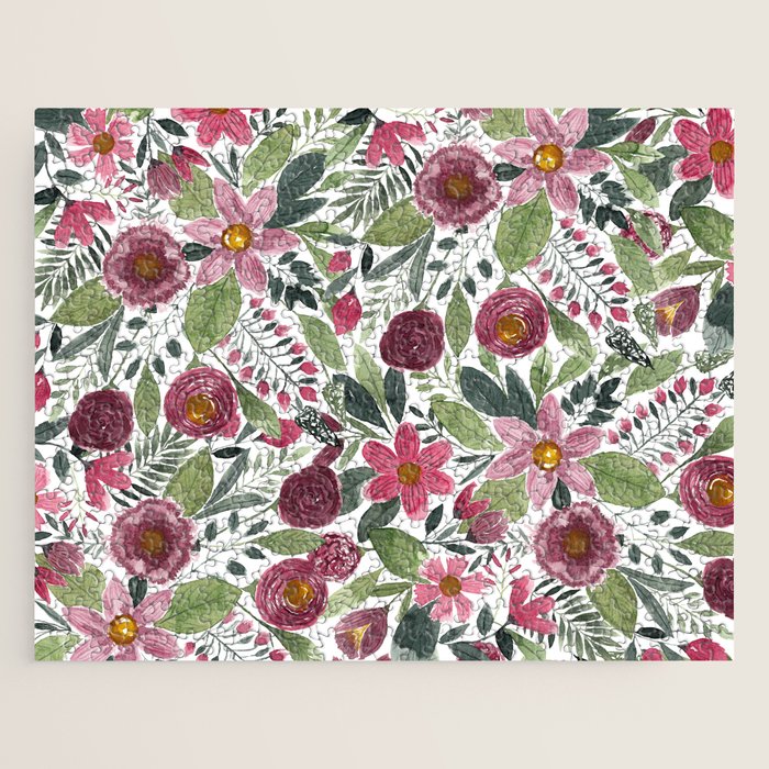 Mauve Pink Forest Green Watercolor Flowers Leaves Jigsaw Puzzle Gallery Image 1