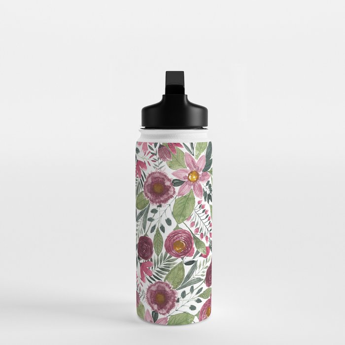 Mauve Pink Forest Green Watercolor Flowers Leaves Water Bottle Gallery Image 3